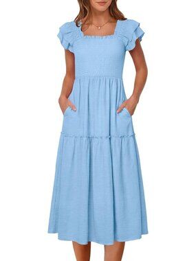 Caracilia Women's Bright Blue Casual Ruffle Short Sleeve Square Neck Maxi Dress